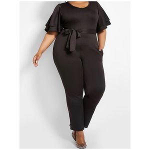 BLACK PLUS SIZE BELTED FLUTTER SKINNY JUMPSUIT